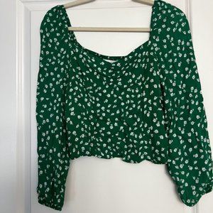 H&M Green Floral Long Sleeve Blouse Size XS